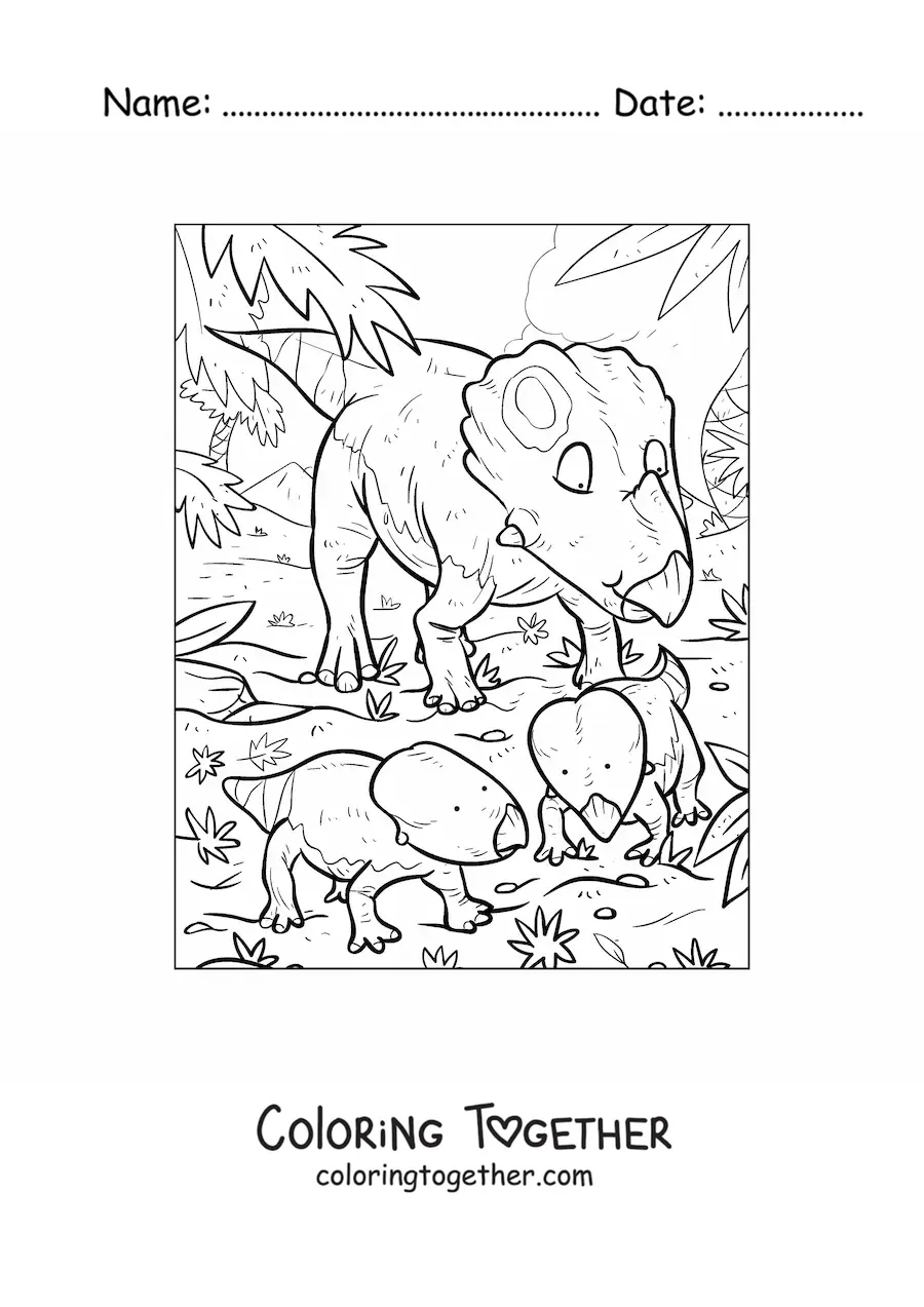 Coloring page of a triceratops-like ceratopsid with its babies