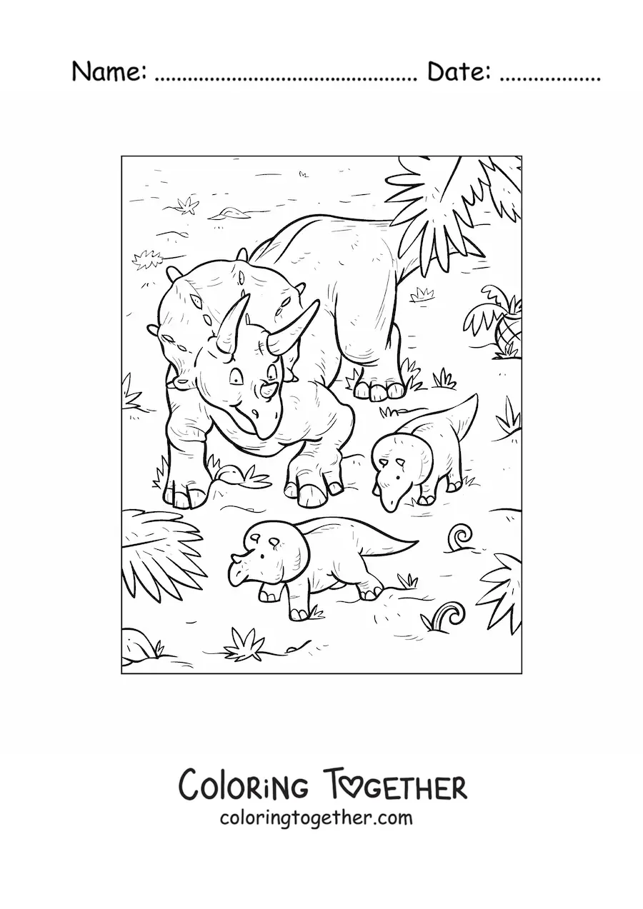 Coloring page of a triceratops with its babies in its natural habitat