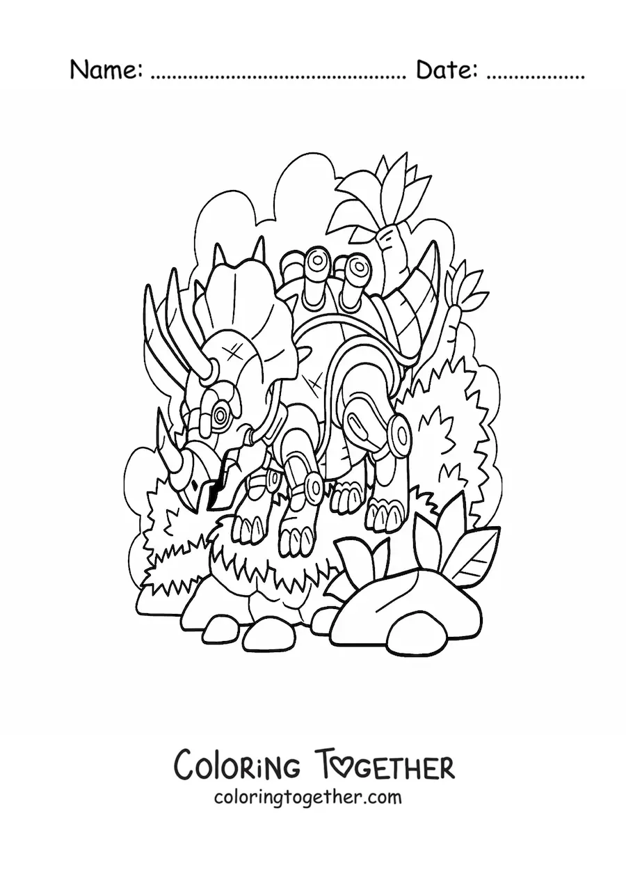 Coloring page of a robot triceratops