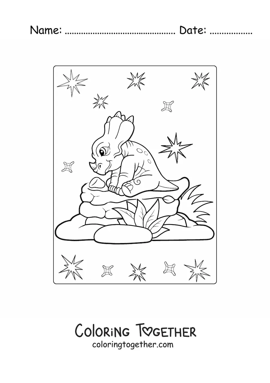 Coloring page of a baby triceratops sitting down