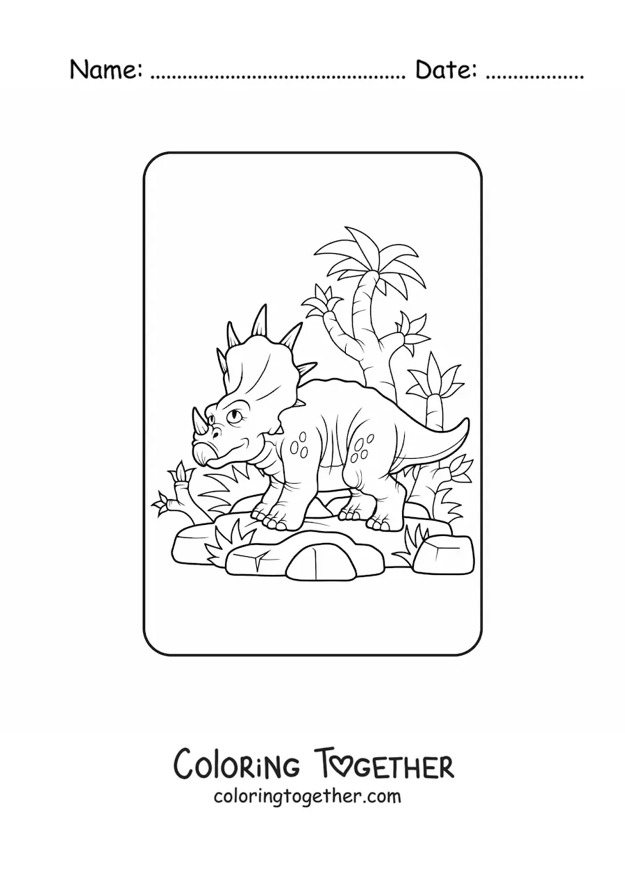 Coloring page of a cartoon triceratops in its habitat