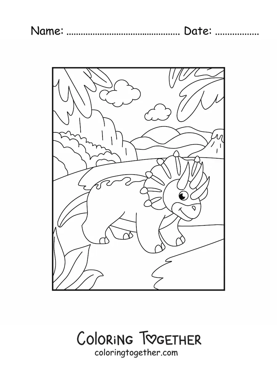 Coloring page of a triceratops in cartoon style in its habitat