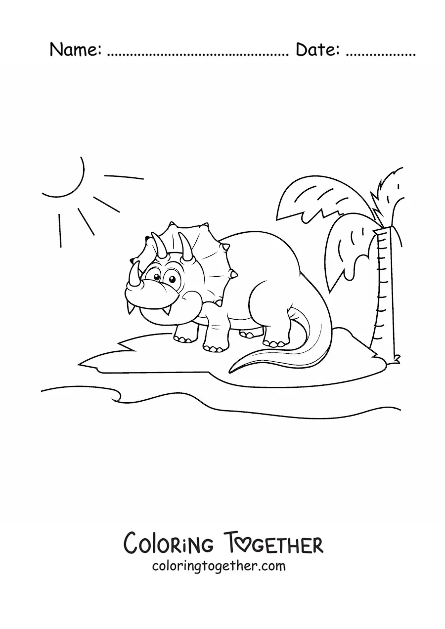 Coloring page of a cartoon triceratops smiling in its habitat