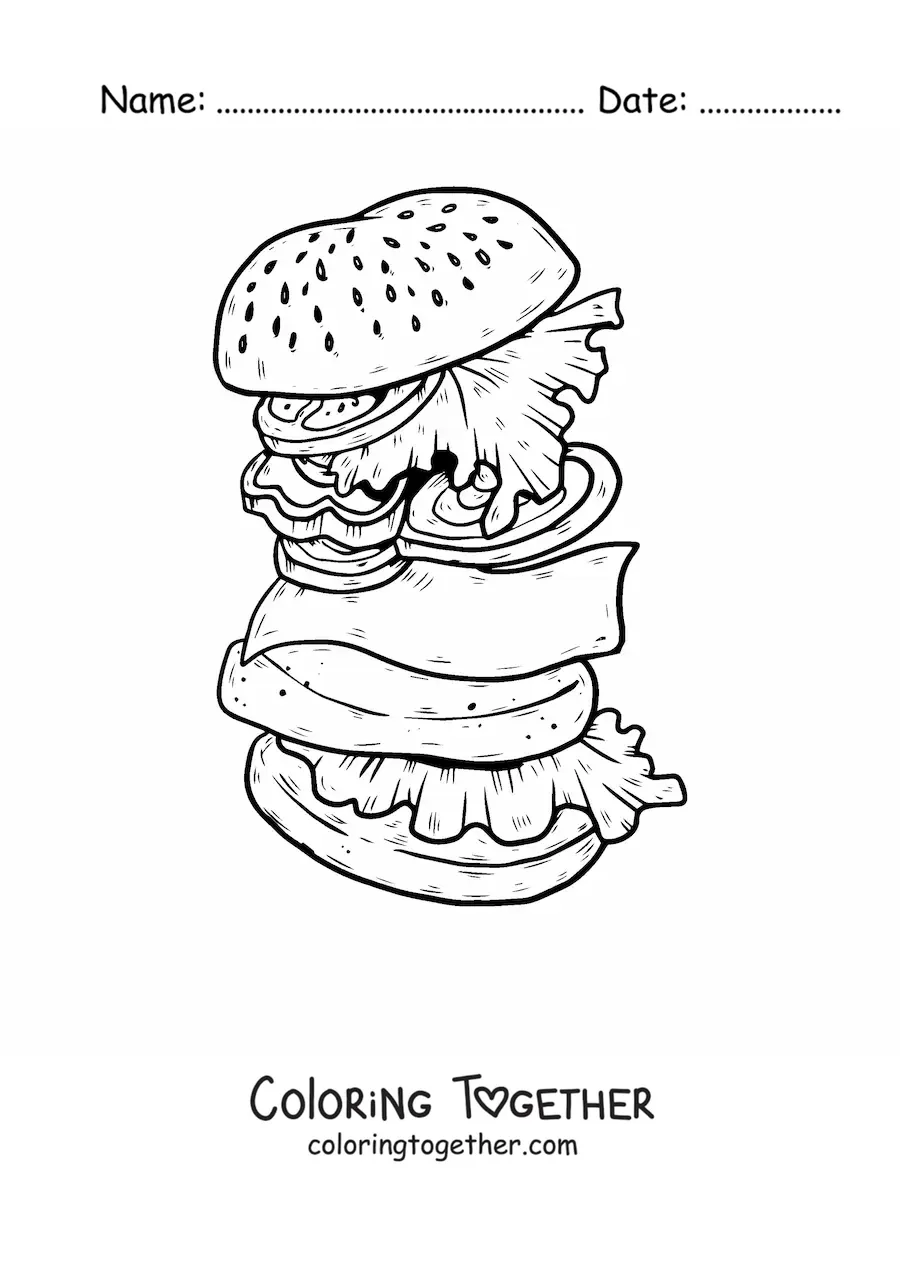Coloring page of a deconstructed hamburger with lettuce, tomato, cheese and meat