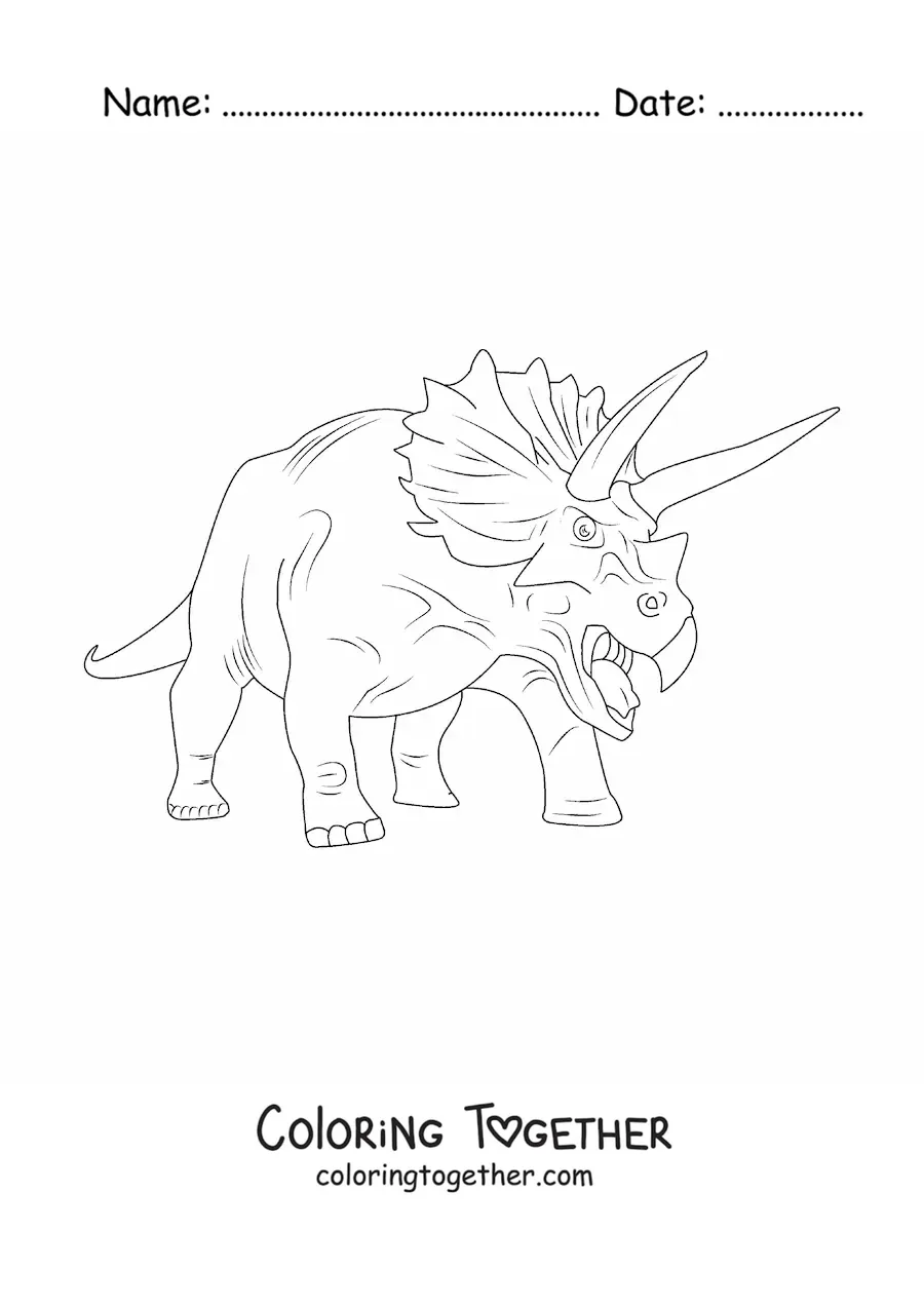 Coloring page of the roar of a furious triceratops