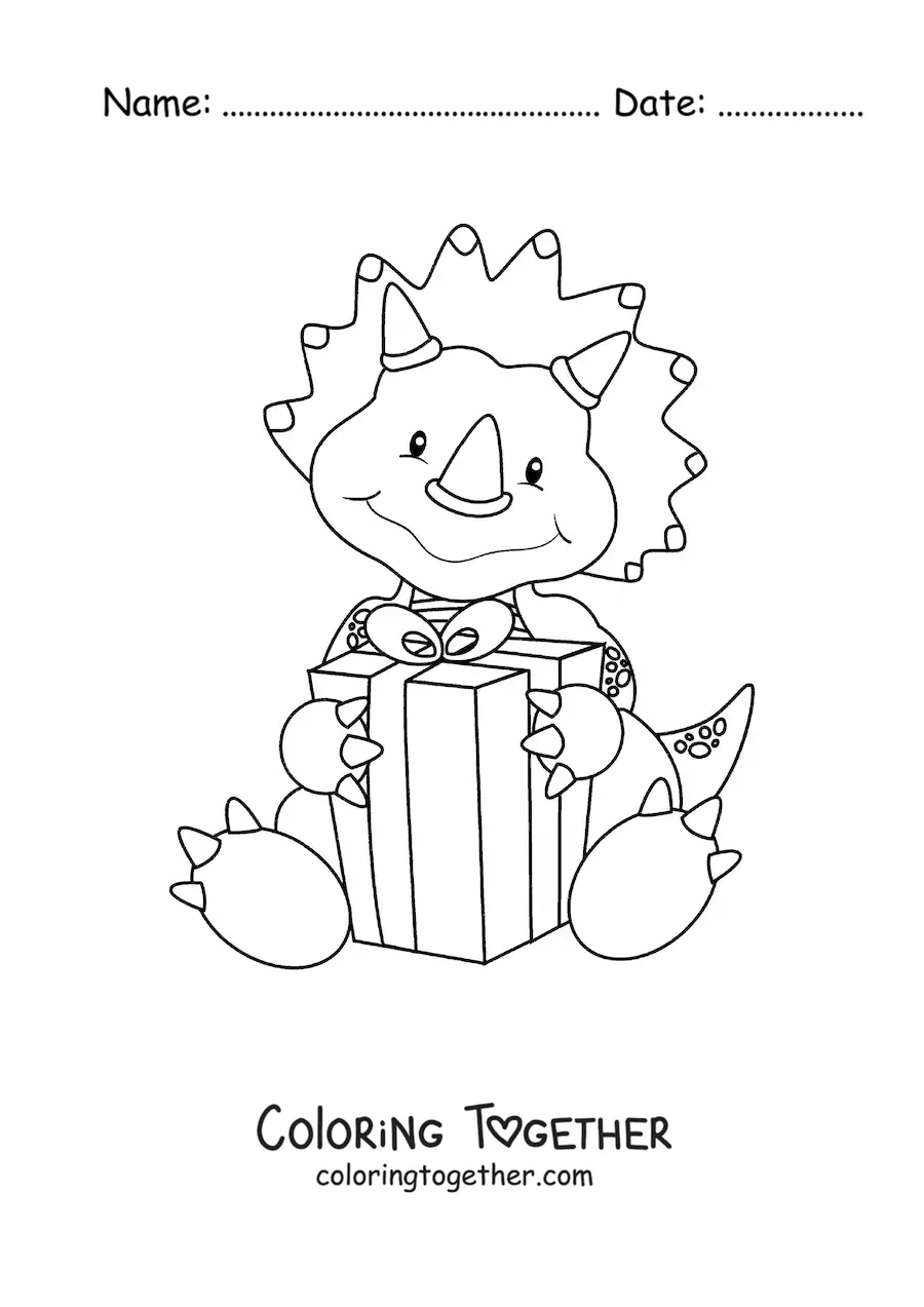 Coloring page of a sweet cartoon triceratops with a gift