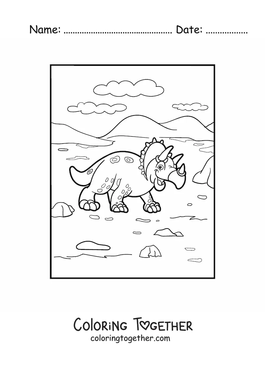 Coloring page of a cartoon triceratops walking in its habitat