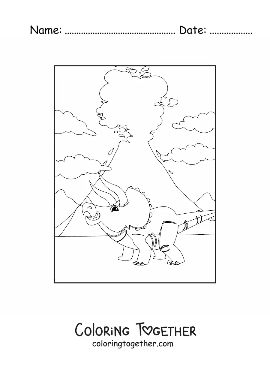 Coloring page of a triceratops in front of a volcano