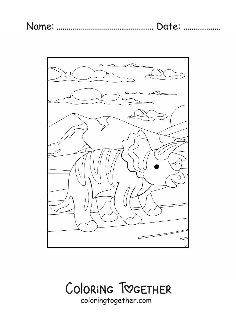 Coloring page of a sweet triceratops in its habitat