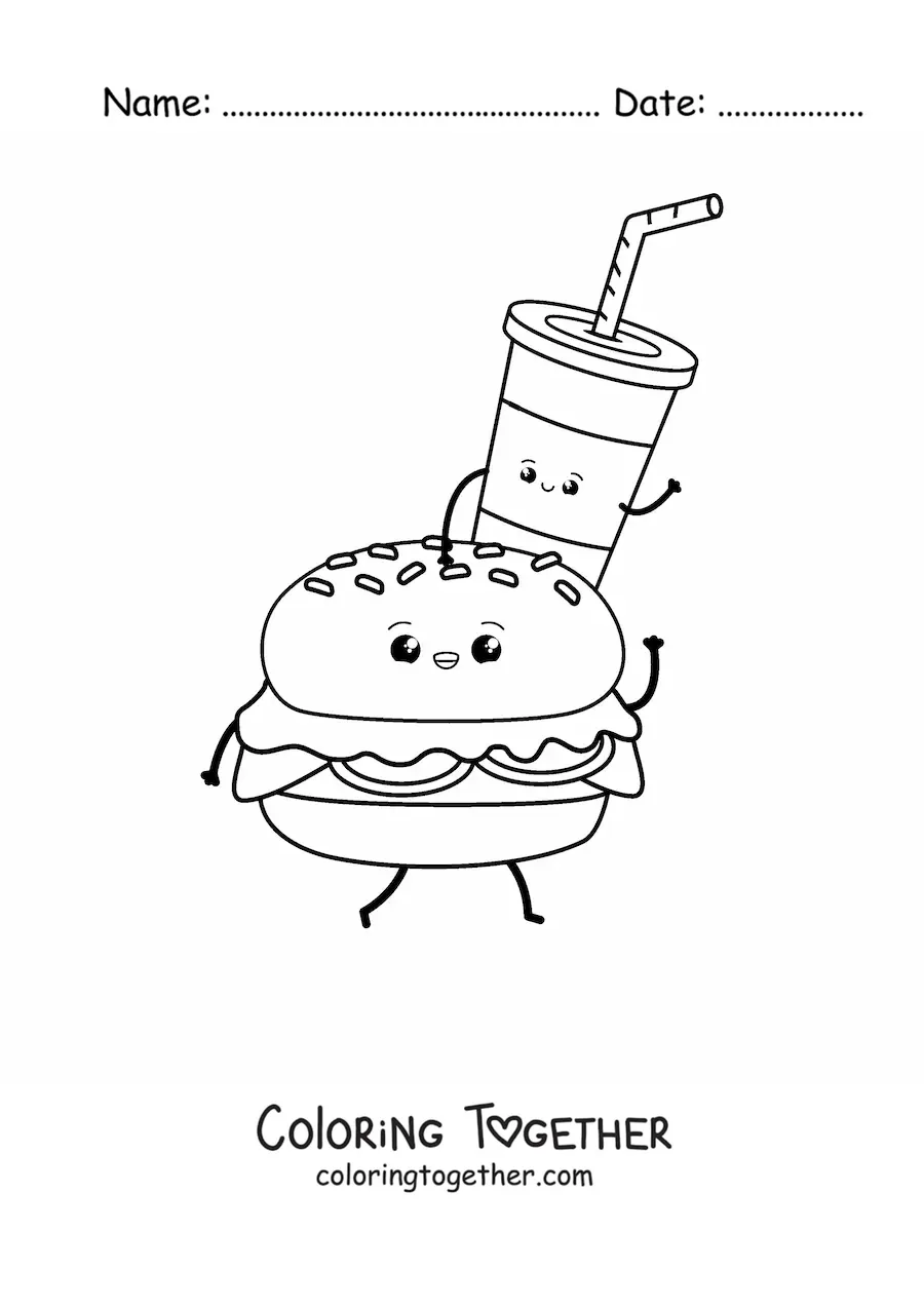 Coloring page of an animated hamburger walking with a soda on top