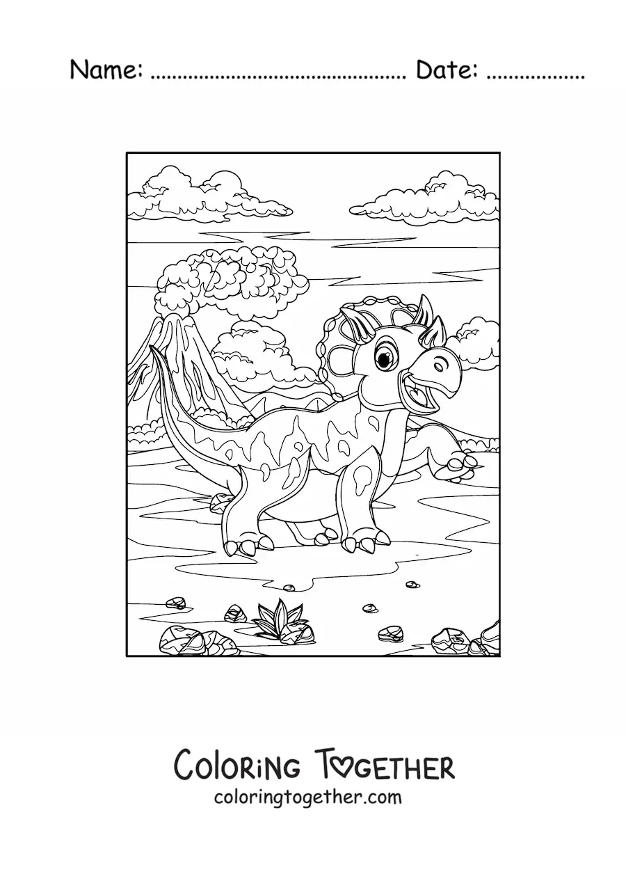Coloring page of a cartoon triceratops smiling
