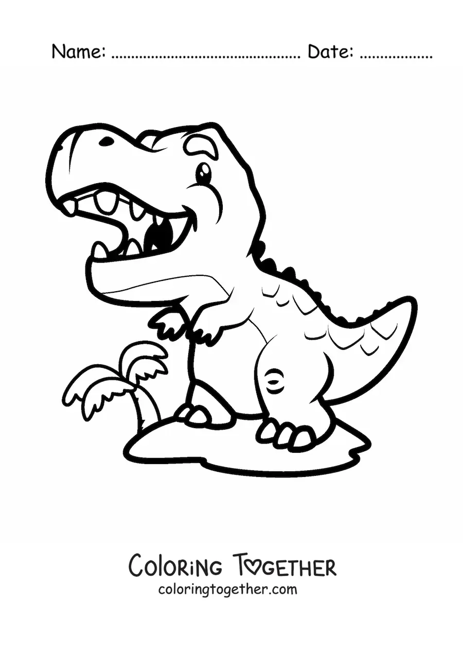 Coloring page of a cartoon baby tyrannosaurus rex