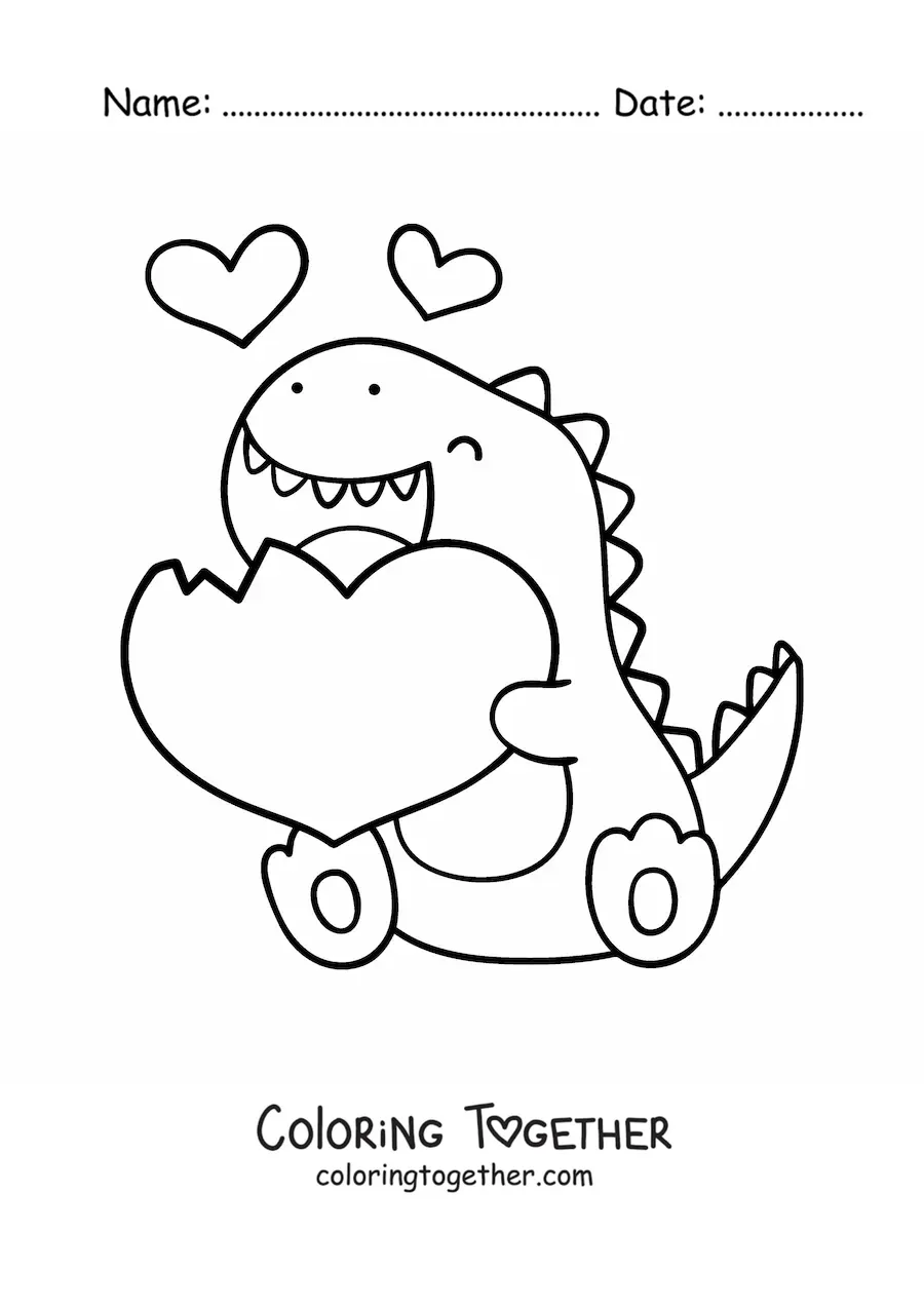 Coloring page of a kawaii tyrannosaurus rex with a heart