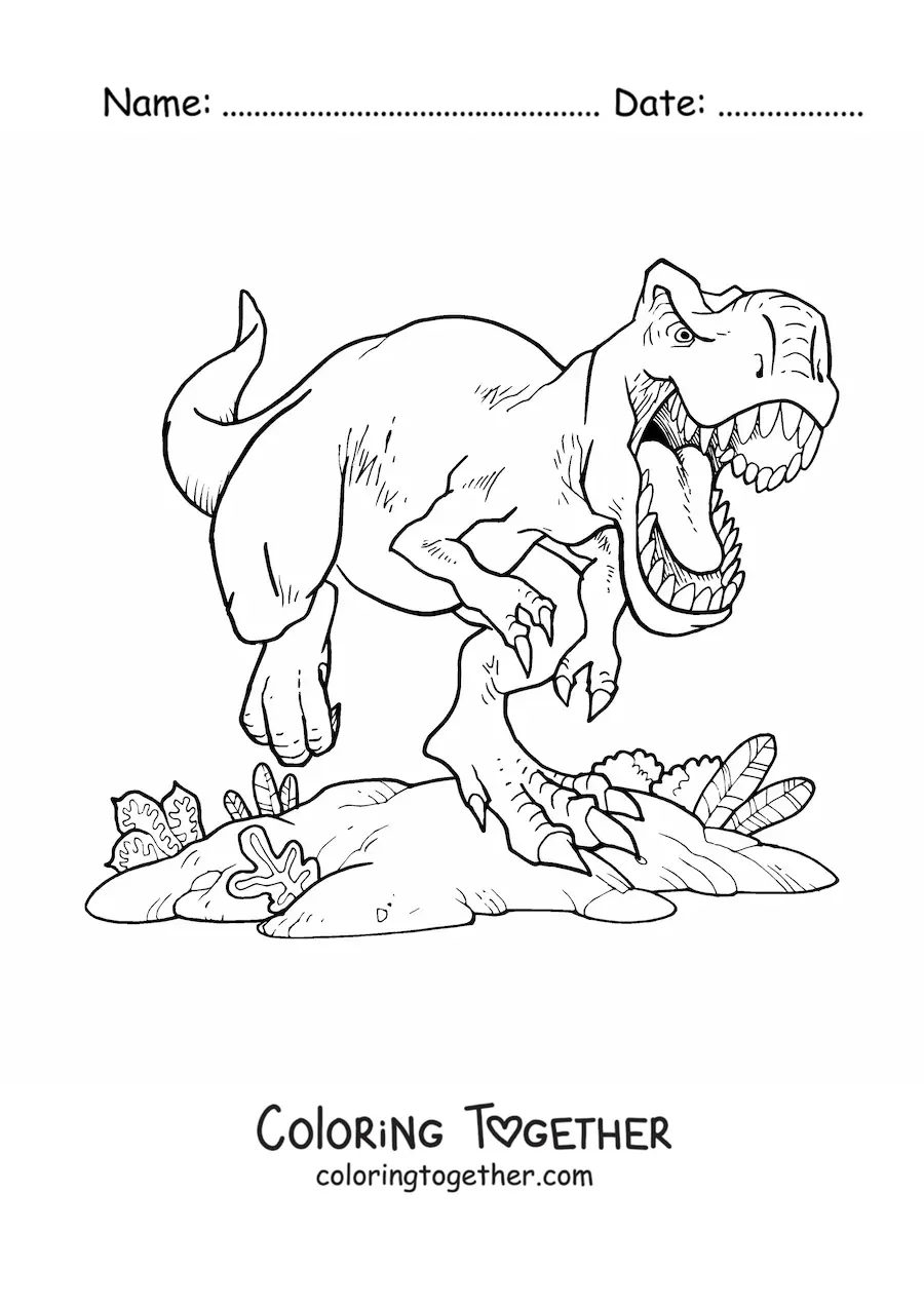 Coloring page of a realistic tyrannosaurus rex running