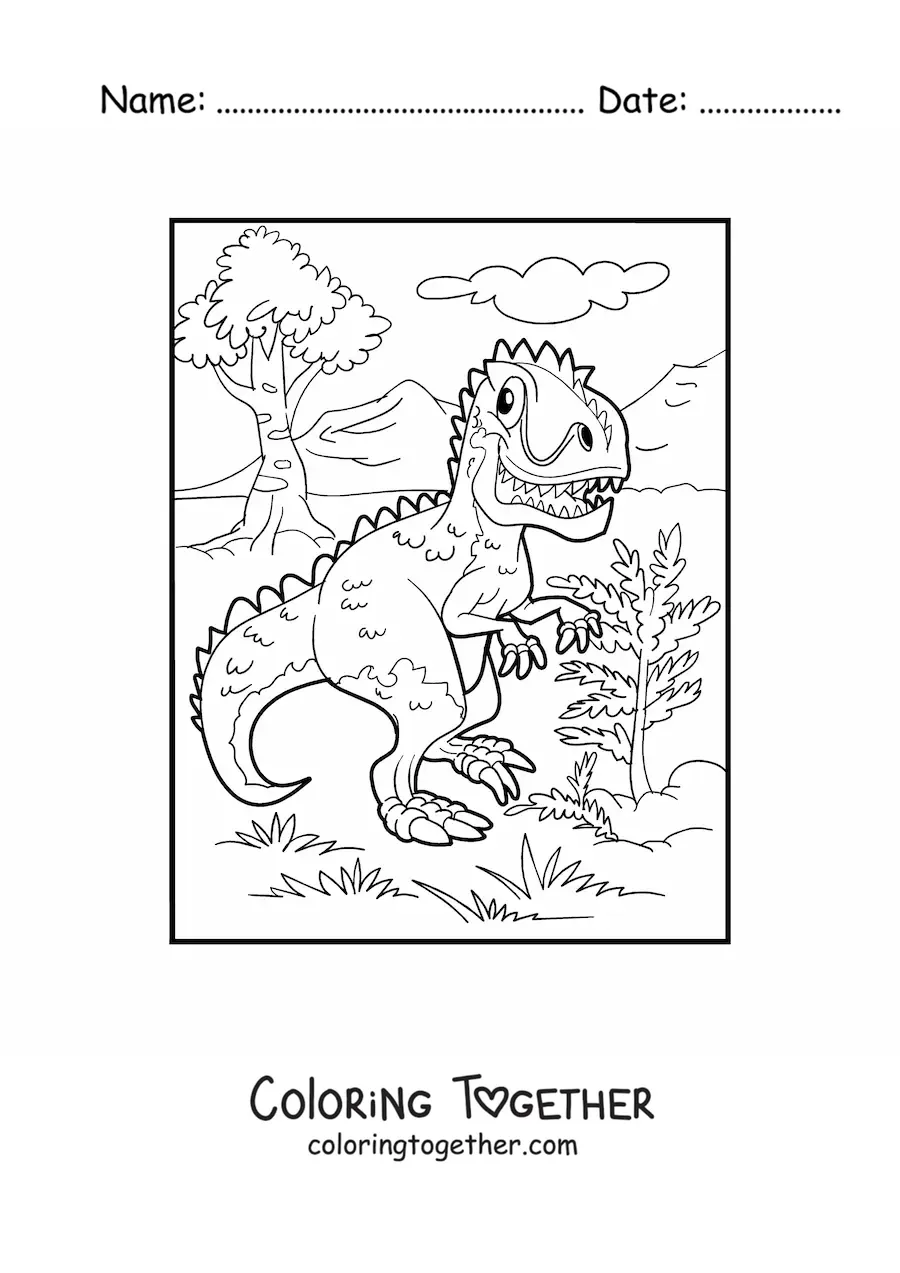 Coloring page of a big cartoon tyrannosaurus rex in its habitat