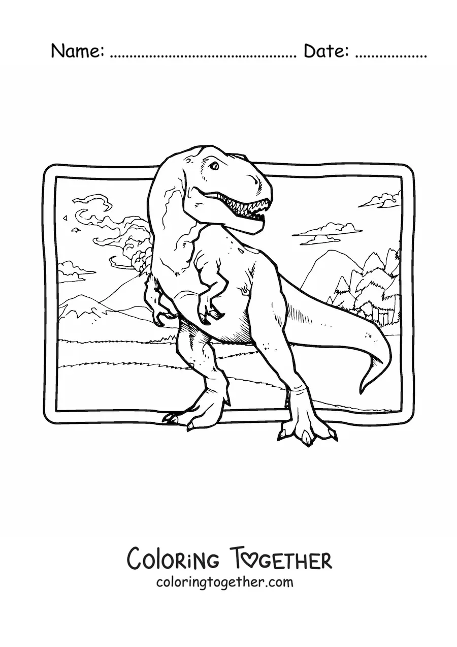 Coloring page of a realistic tyrannosaurus rex in its habitat