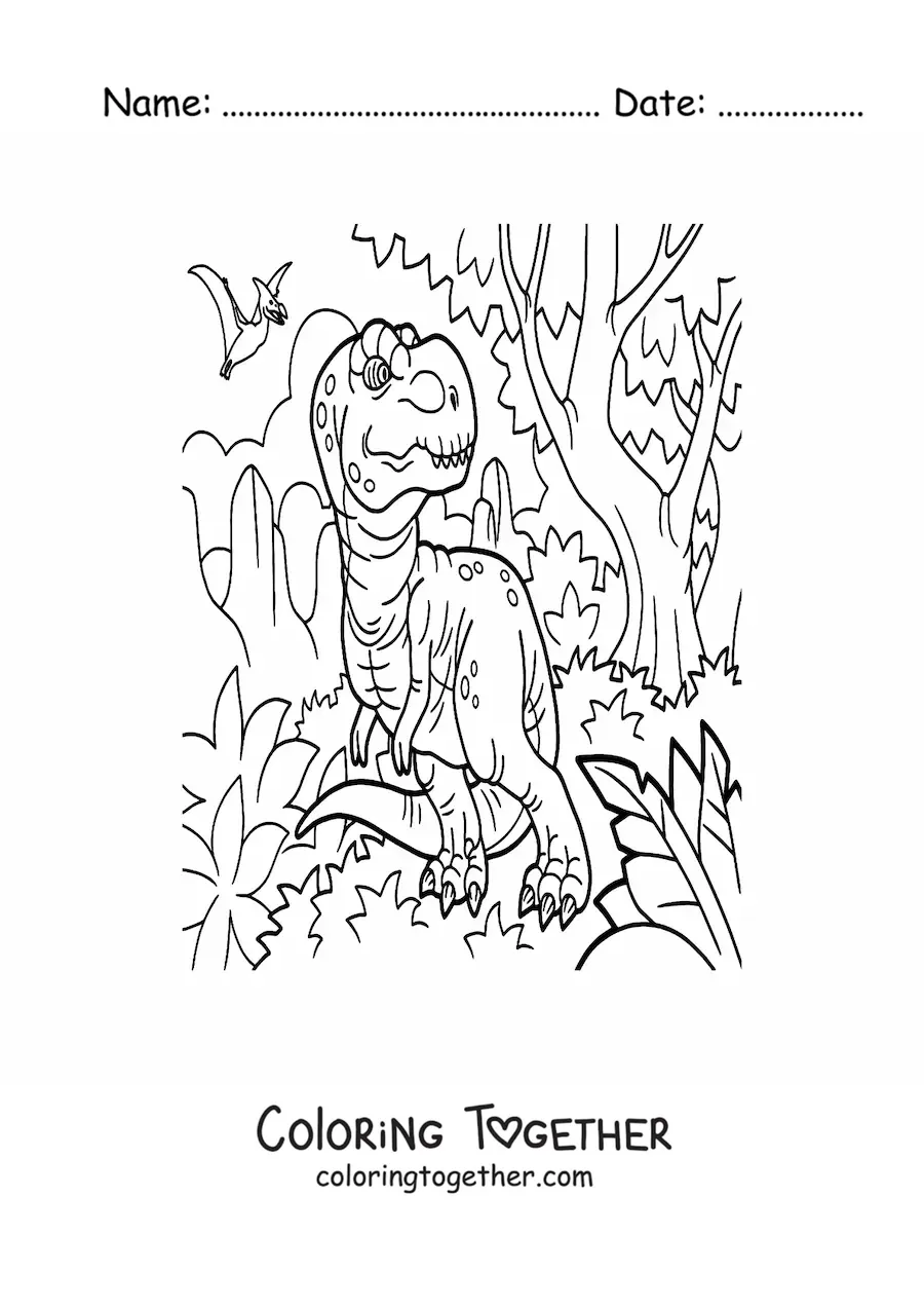 Coloring page of a cartoon tyrannosaurus rex in its habitat