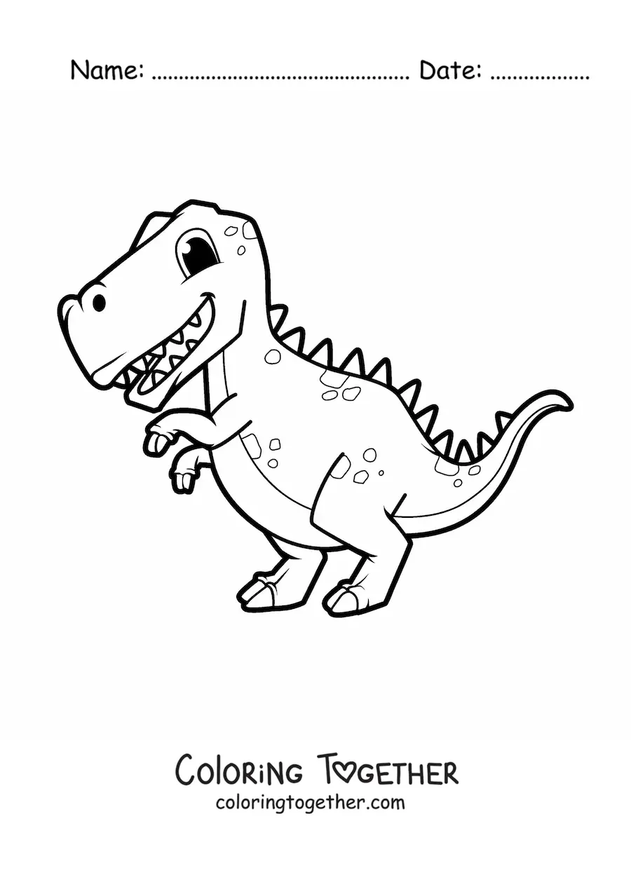 Coloring page of a cartoon baby tyrannosaurus rex