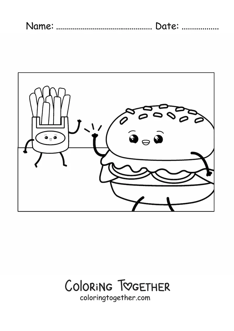 Coloring page of an animated hamburger waving at some fries