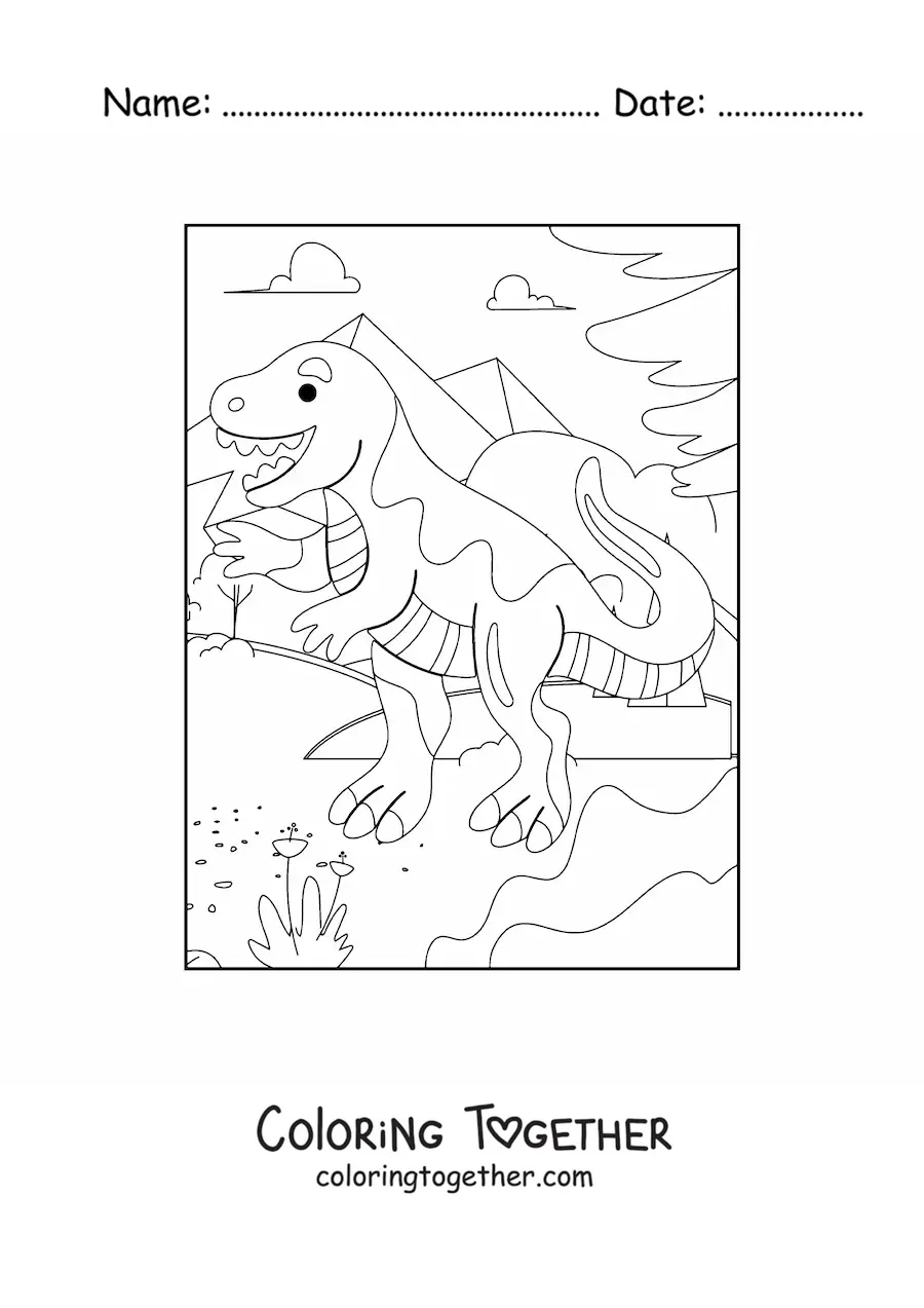 Coloring page of a big cartoon t rex in its habitat