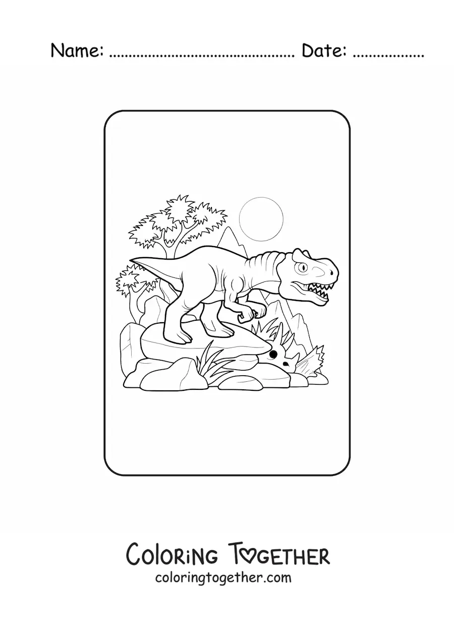 Coloring page of a cartoon tyrannosaurus rex in its habitat