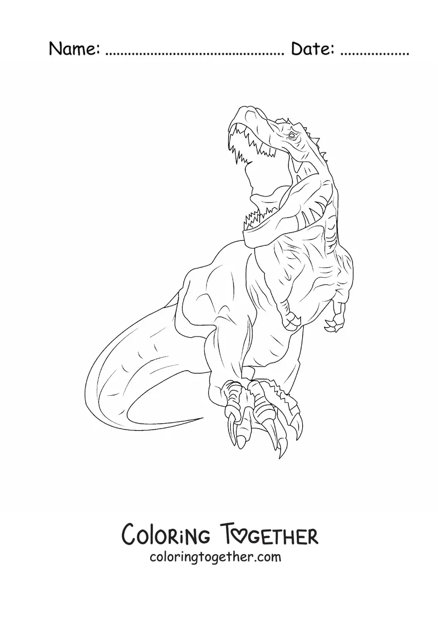 Coloring page of a realistic tyrannosaurus rex running head-on