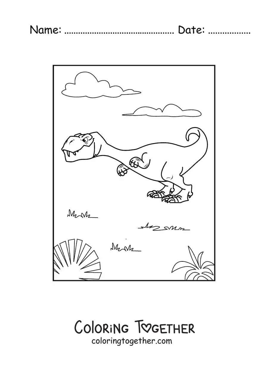 Coloring page of a cartoon tyrannosaurus rex