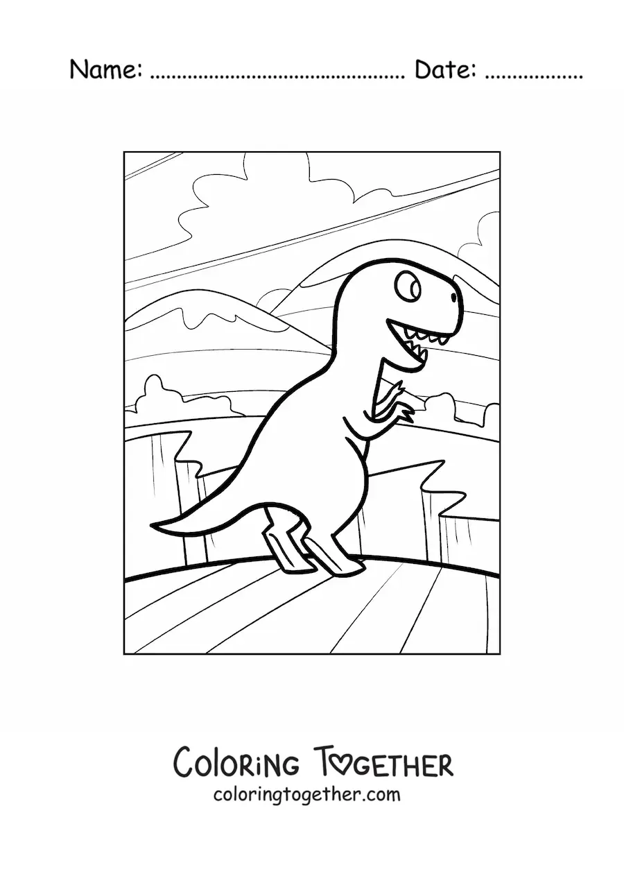 Coloring page of a cartoon of a simple tyrannosaurus rex