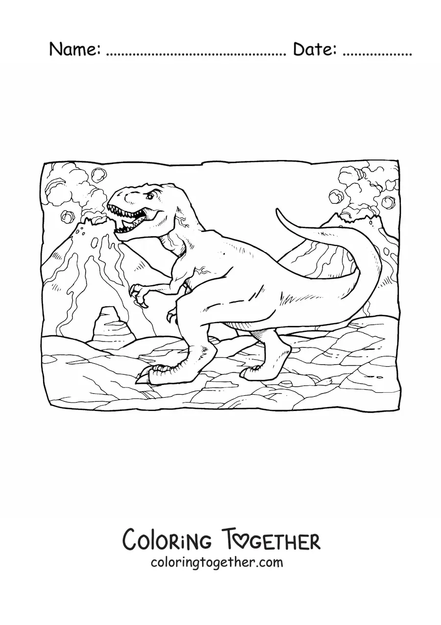 Coloring page of a realistic t rex in its habitat