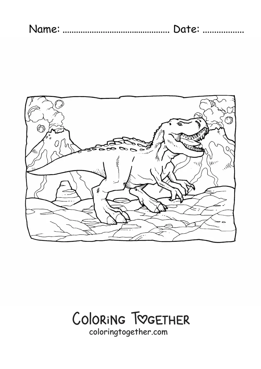 Coloring page of a realistic t rex roaring in its habitat