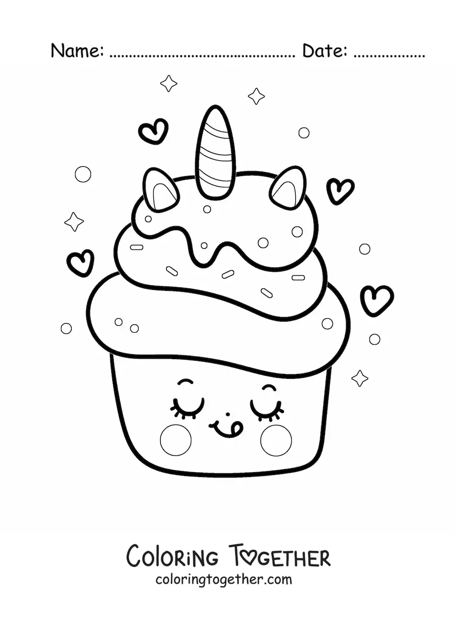 Coloring page of a kawaii unicorn cupcake with hearts