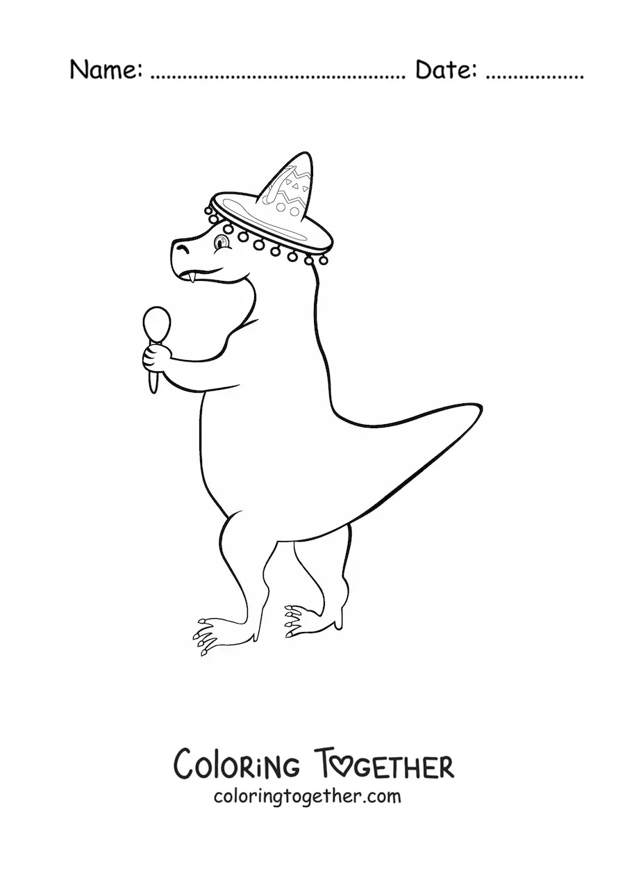 Coloring page of a cartoon tyrannosaurus rex with a Mexican hat