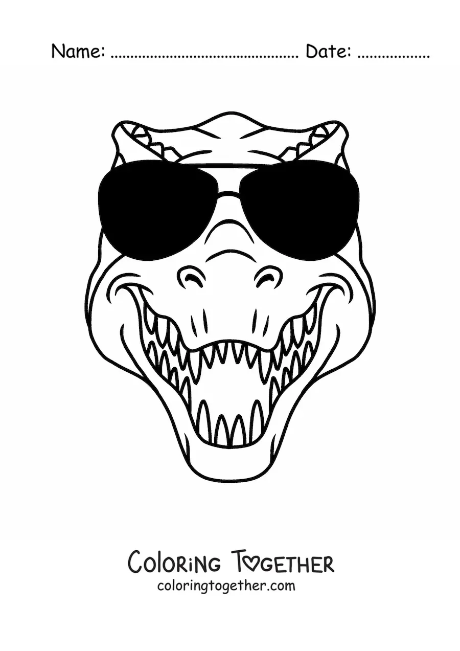 Coloring page of the head of a tyrannosaurus rex with glasses