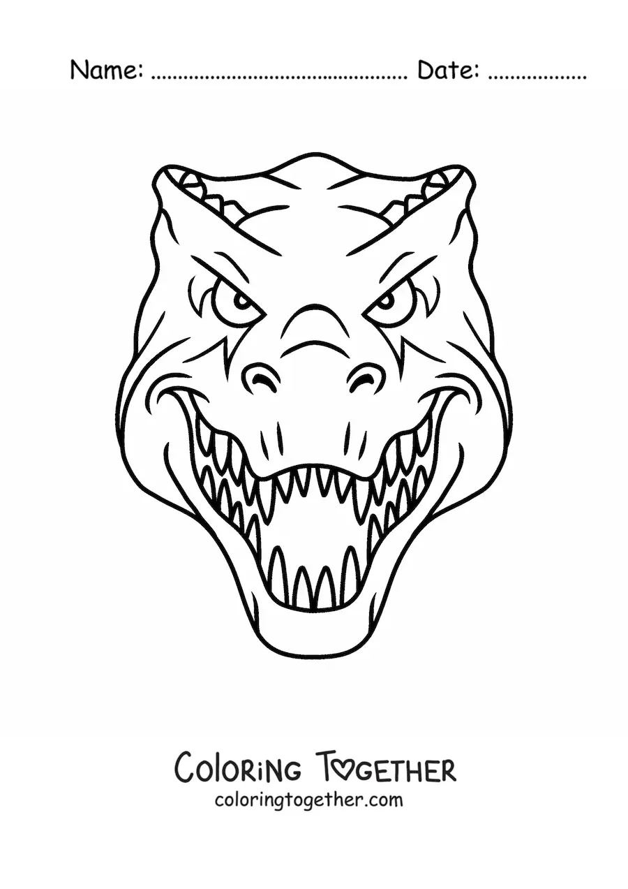Coloring page of the face of a tyrannosaurus rex from the front
