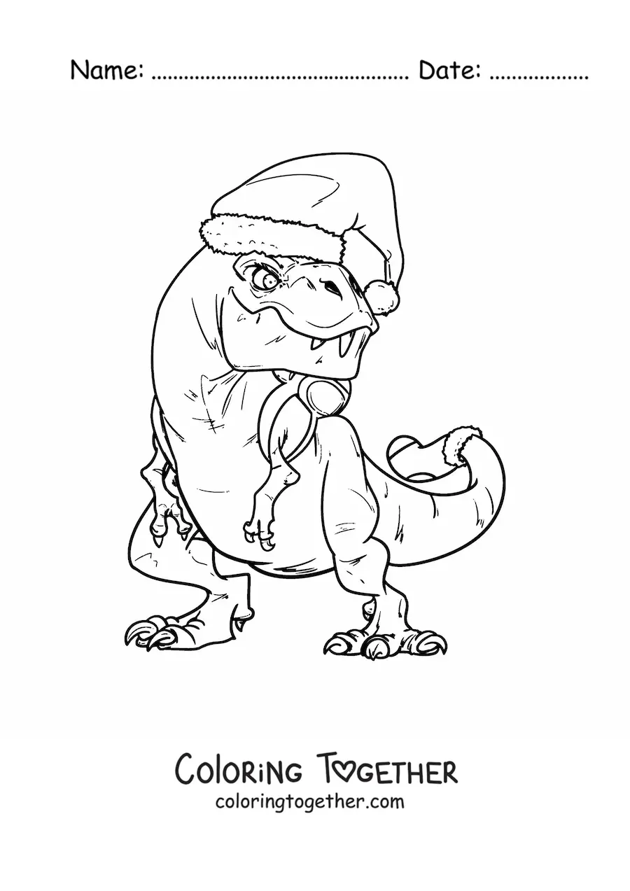 Coloring page of a tyrannosaurus rex with a Christmas hat
