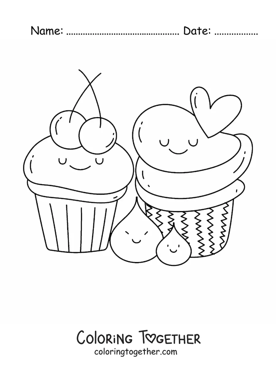 Coloring page of two kawaii cupcakes with cherries and a heart