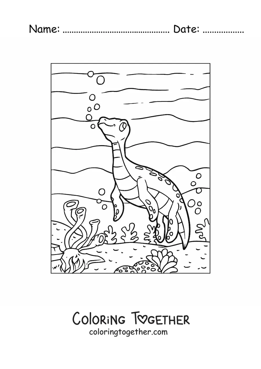 Coloring page of a cartoon baby hydrotherosaurus in its habitat
