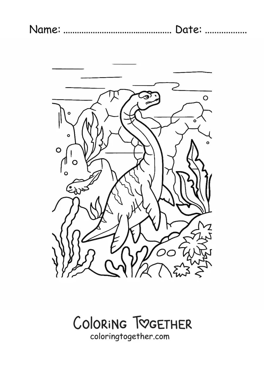 Coloring page of a hydrotherosaurus in its habitat