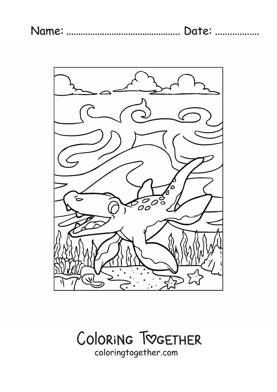 Coloring page of a cartoon baby aquatic dinosaur in its habitat