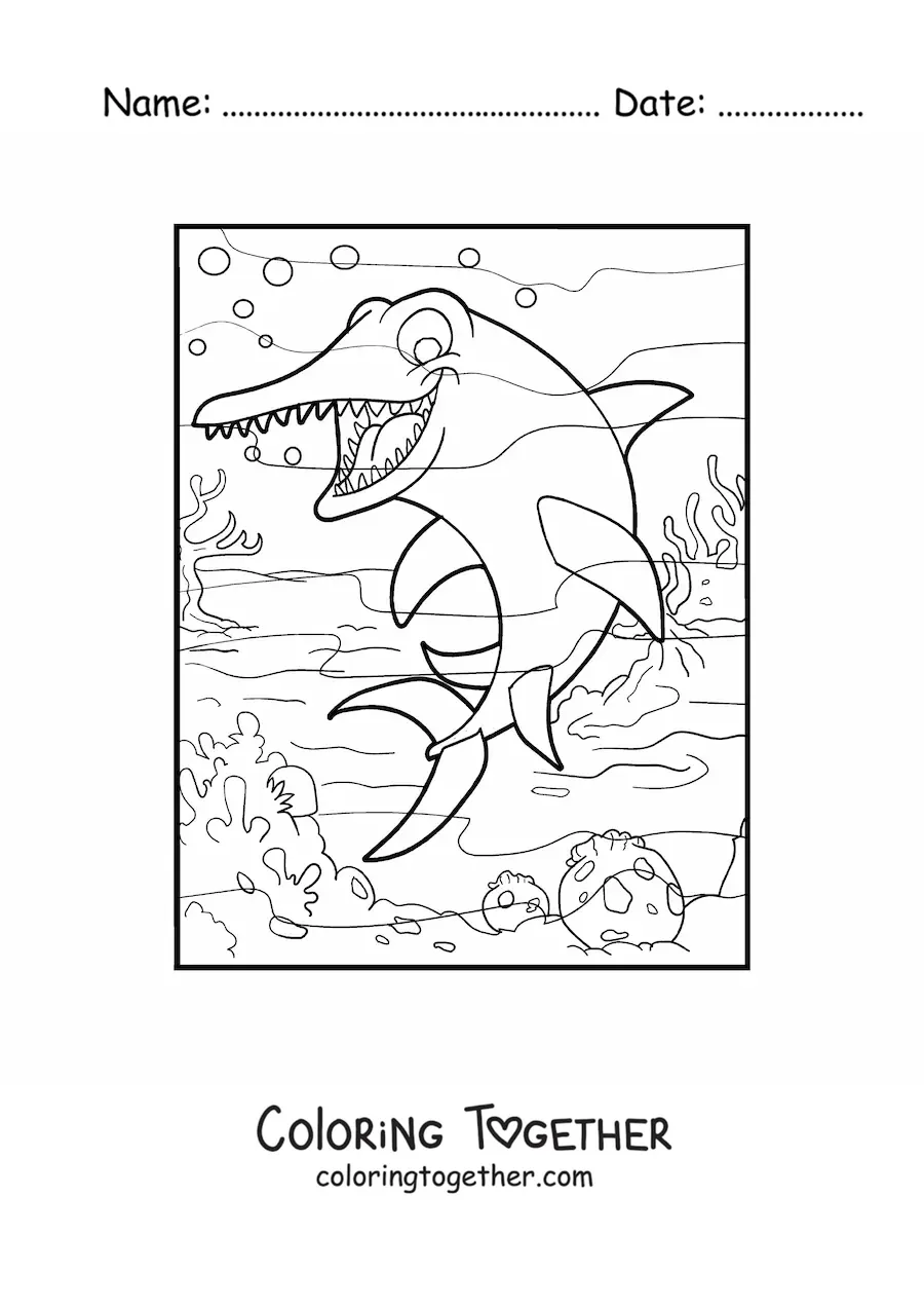 Coloring page of a cartoon aquatic dinosaur in its habitat