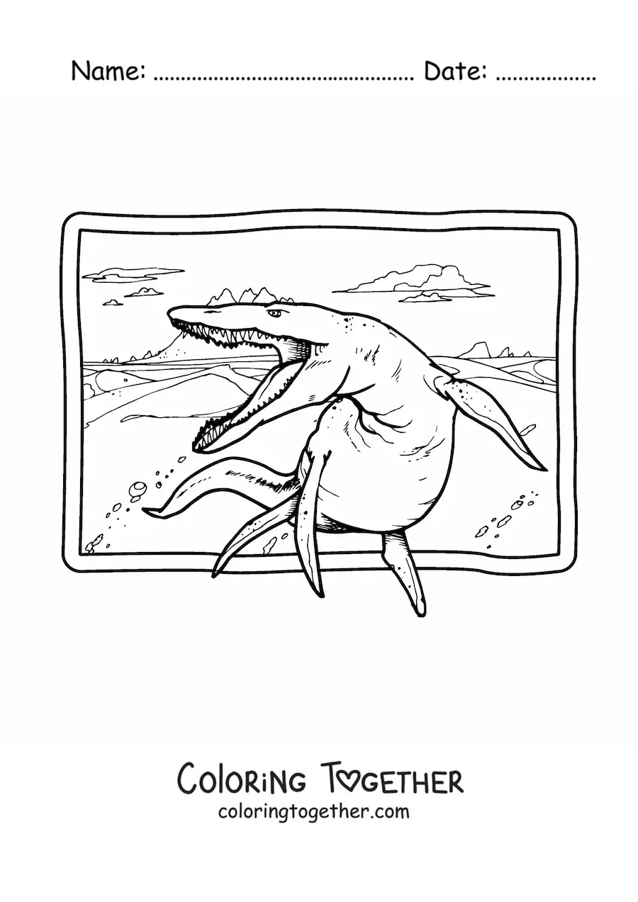 Coloring page of a realistic kronosaurus in its habitat