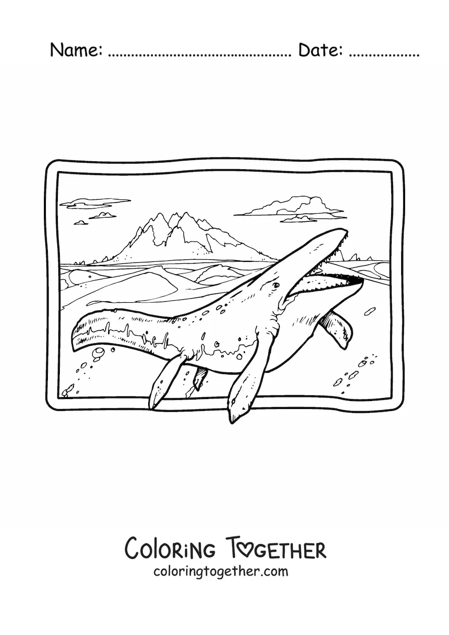 Coloring page of a realistic mosasaurus in its habitat