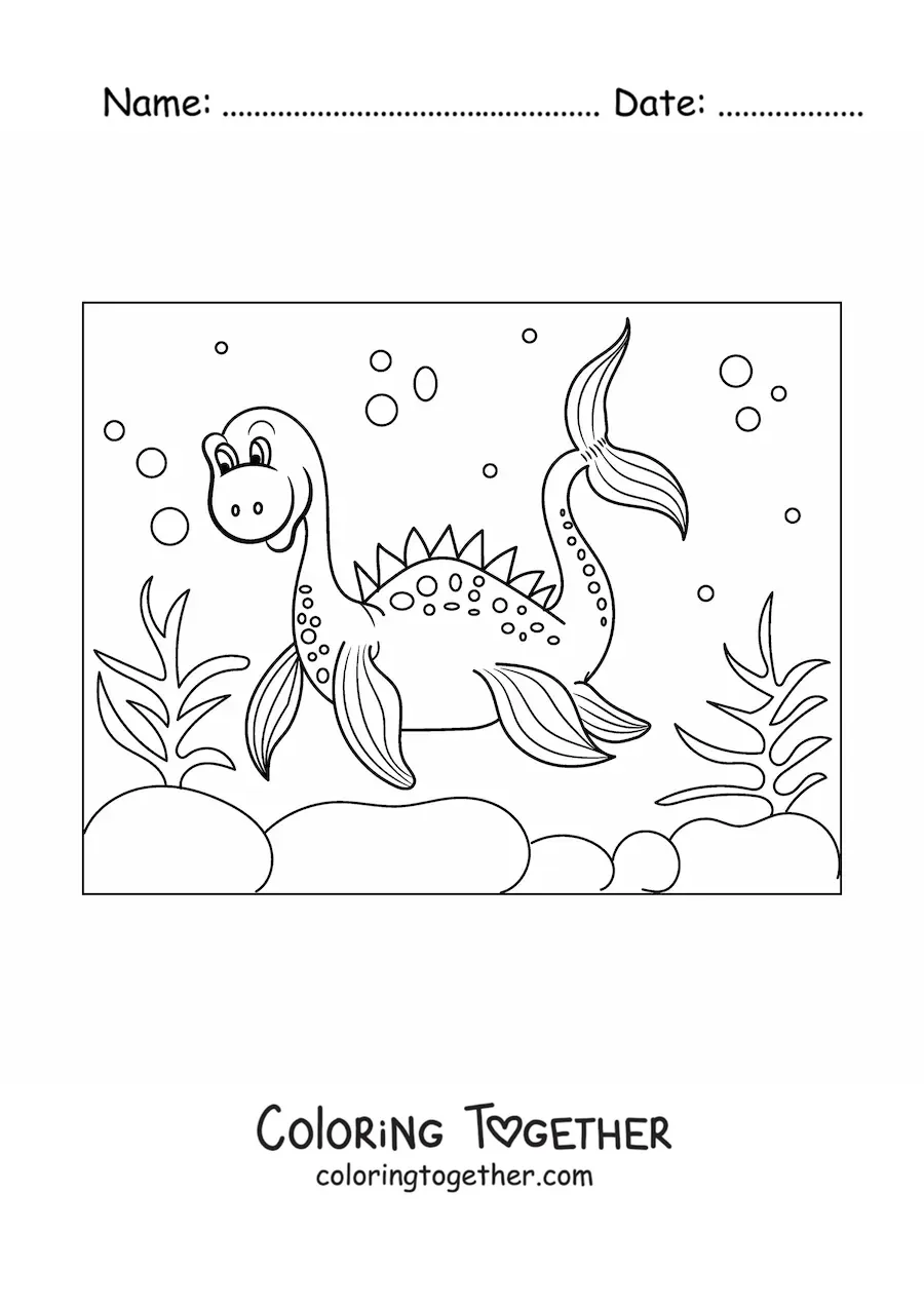 Coloring page of a cartoon sea dinosaur in the ocean