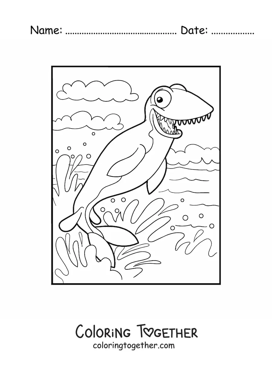 Coloring page of a cartoon sea dinosaur swimming