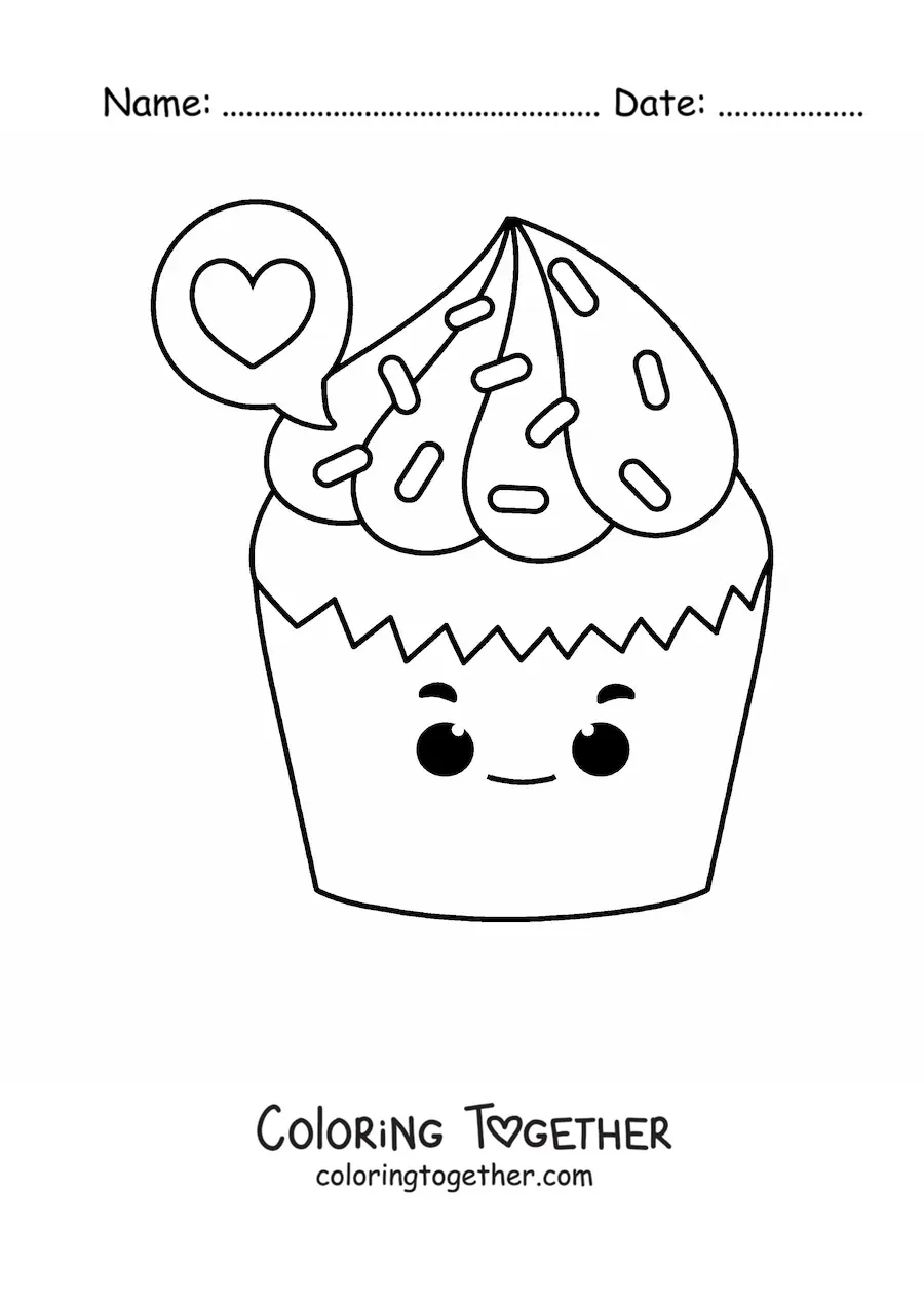 Coloring page of a kawaii cupcake with a heart