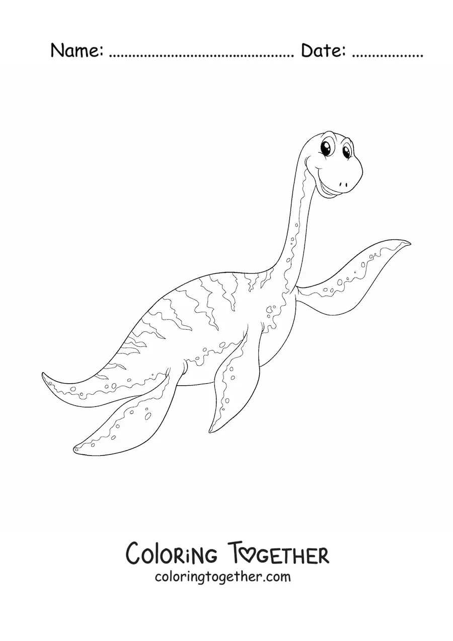 Coloring page of a cartoon long-necked sea dinosaur