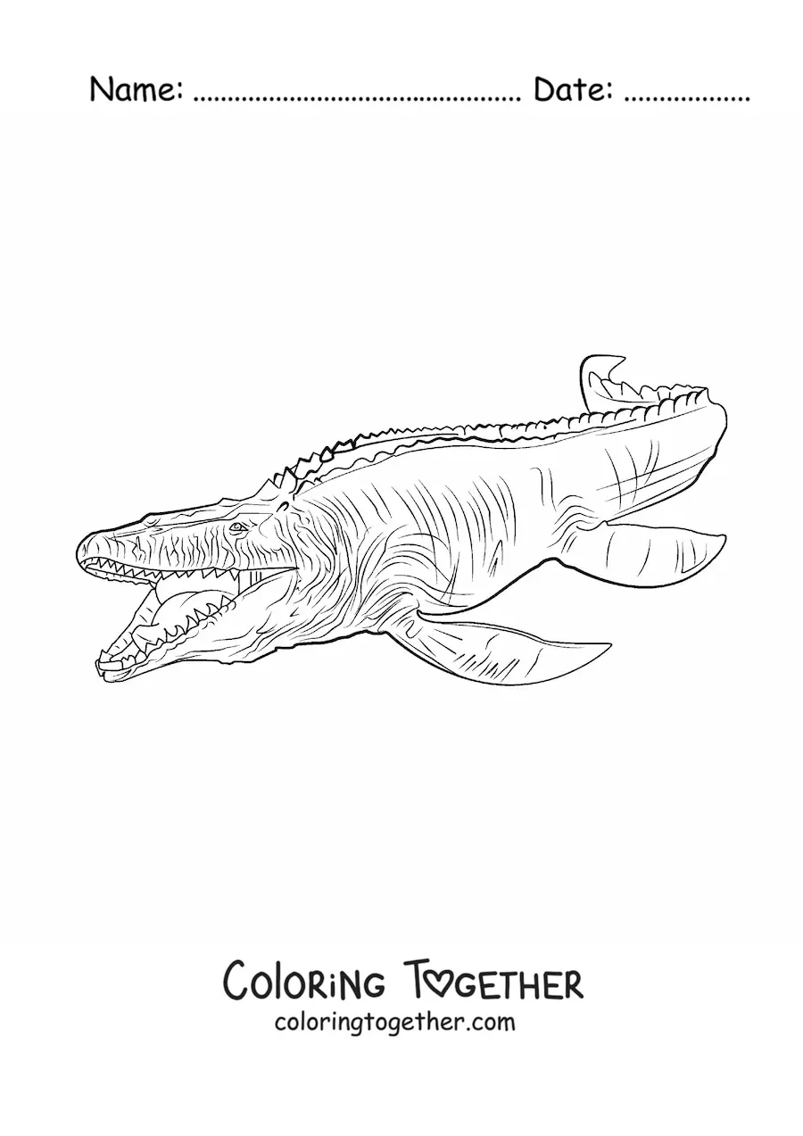 Coloring page of a realistic aquatic dinosaur