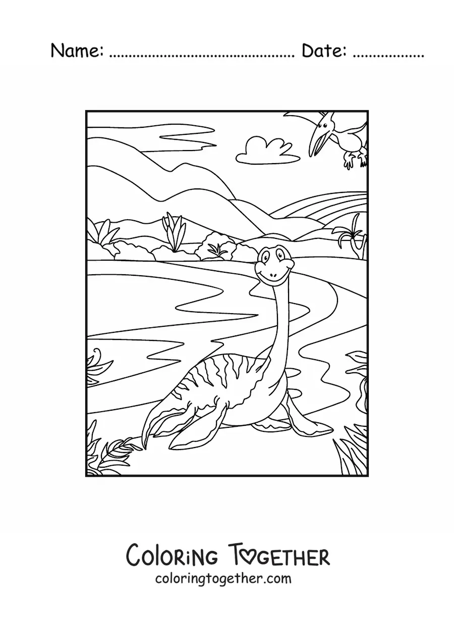 Coloring page of a cartoon long-necked aquatic dinosaur in its habitat