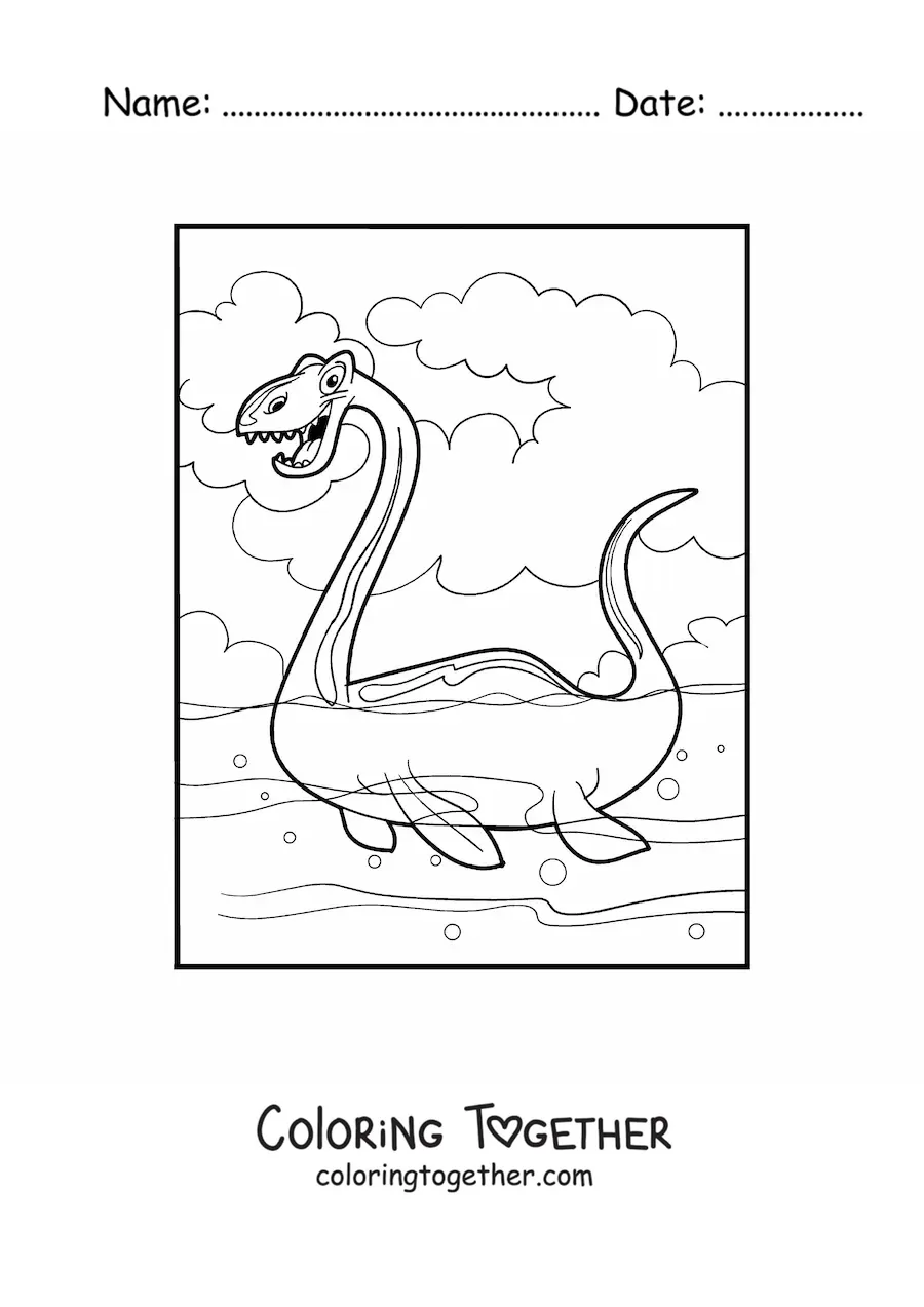 Coloring page of a giant cartoon aquatic dinosaur