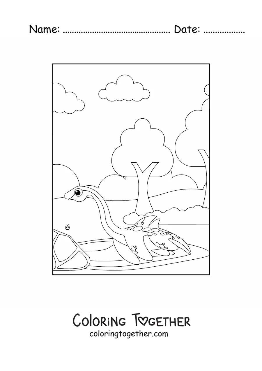 Coloring page of a cartoon baby sea dinosaur